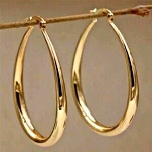 18k Gold Plated Oval Hoop Earrings 90s Y2k Vtg Fashion Woman's Birthday Gift